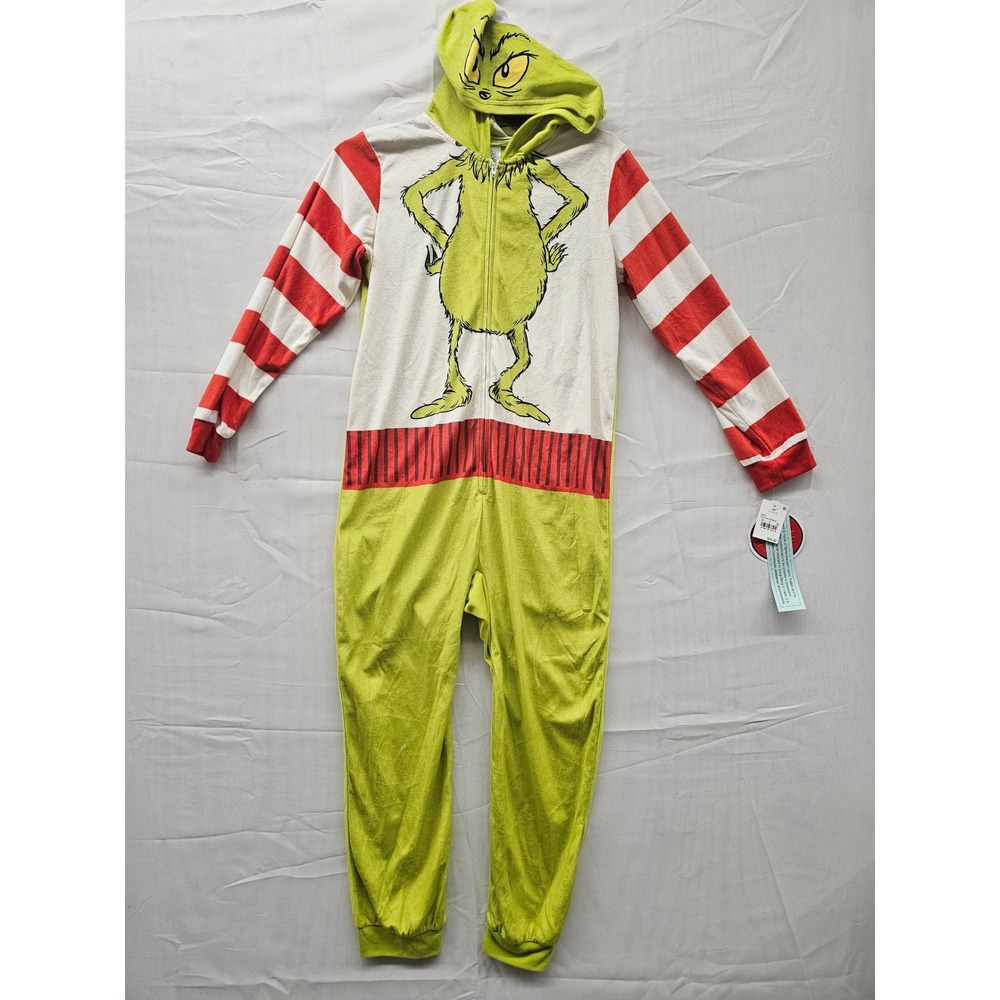 Dr Seuss The Grinch Kids Hooded Union Suit‎ Pajamas Green Red K269598GE 10/12
